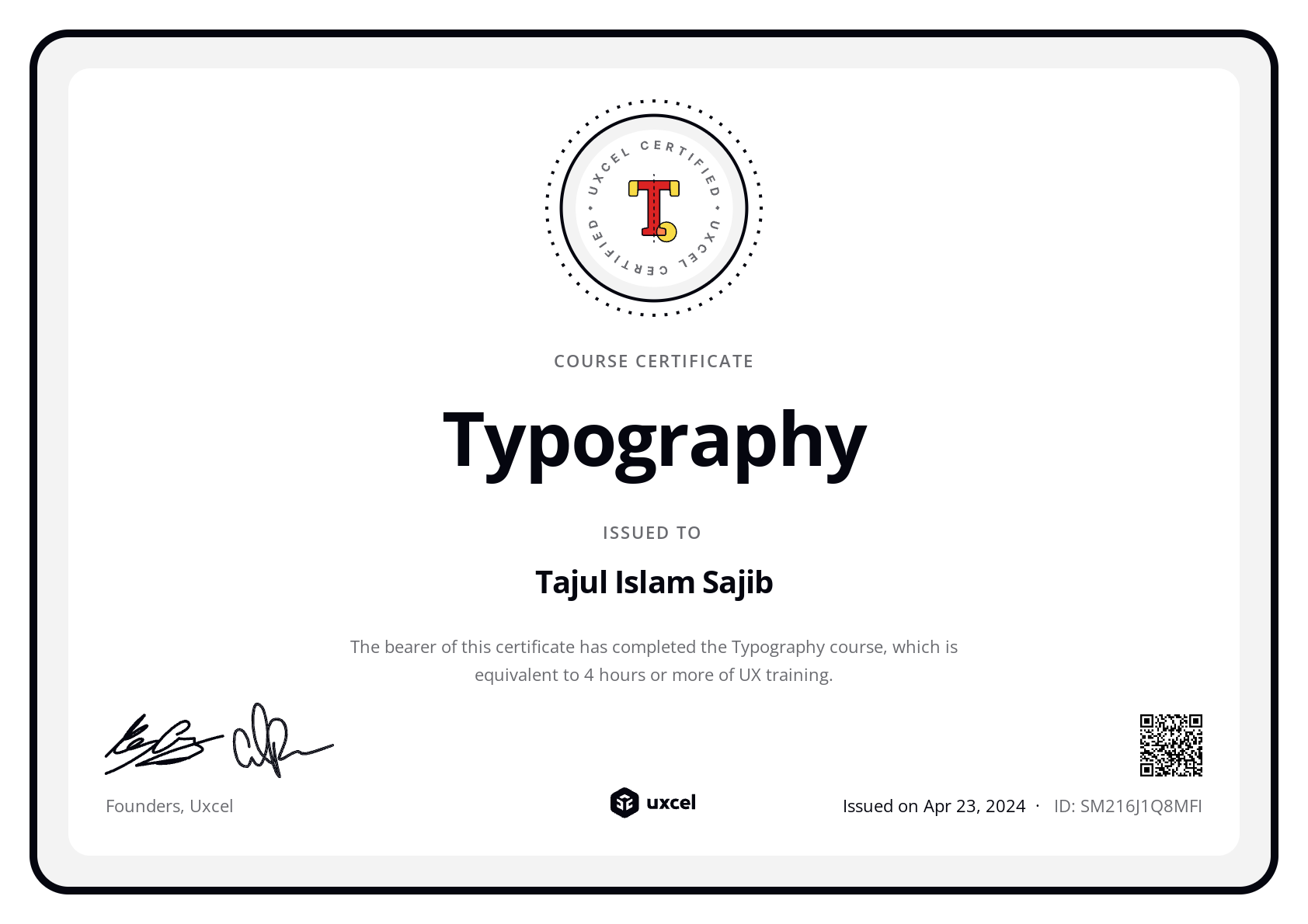 Tajul Islam Sajib's certificate